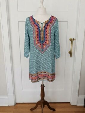 Boho Embroidered Teal Tunic Dress